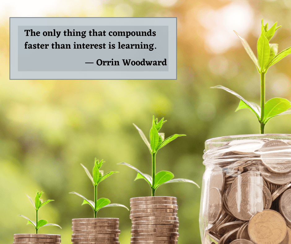 The fifth motivational quote appears over a photo of jars of coins that have seedlings growing out of them.