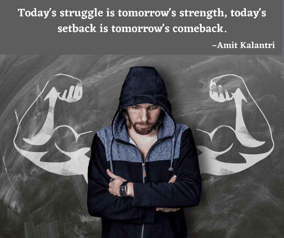 The 15th quote appears with the image of a man in a hoodie stands arms cross over his chest, head hung down slightly. Behind him is a chalkboard with an image of strong arms in a show of strength and victory, symbolizing the man's potential.