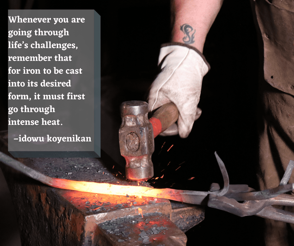 The 13th motivational quote for student success is layered on the image of a blacksmith striking a hot piece of iron in his forge.