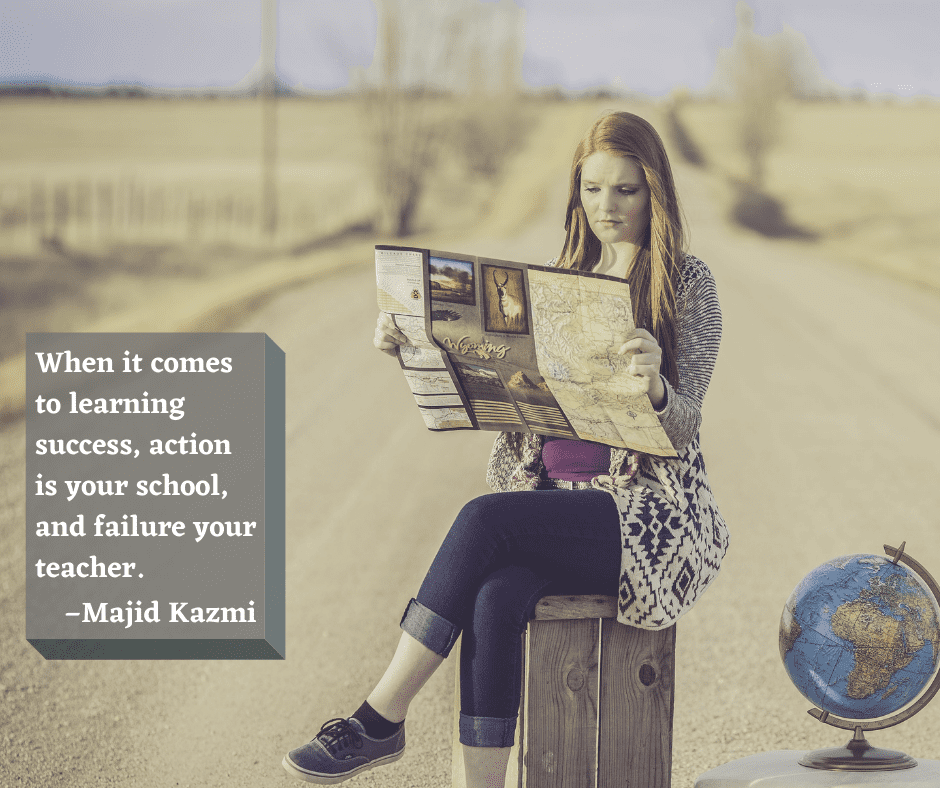The 12th motivational quote text appears over a faded picture of a woman looking at a map with a slightly puzzled expression.