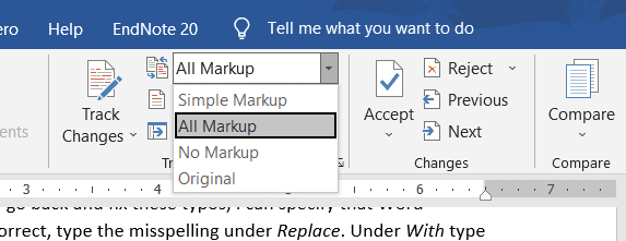 Image shows screenshot of options for displaying markup using Track changes in Microsoft Word.