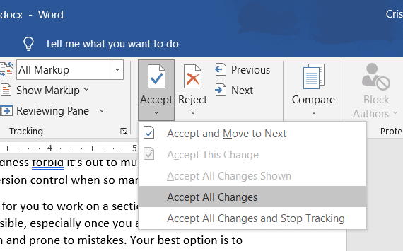 Image shows screenshot of options for moving through Track Changes using Accept, Reject, Next, and Previous.