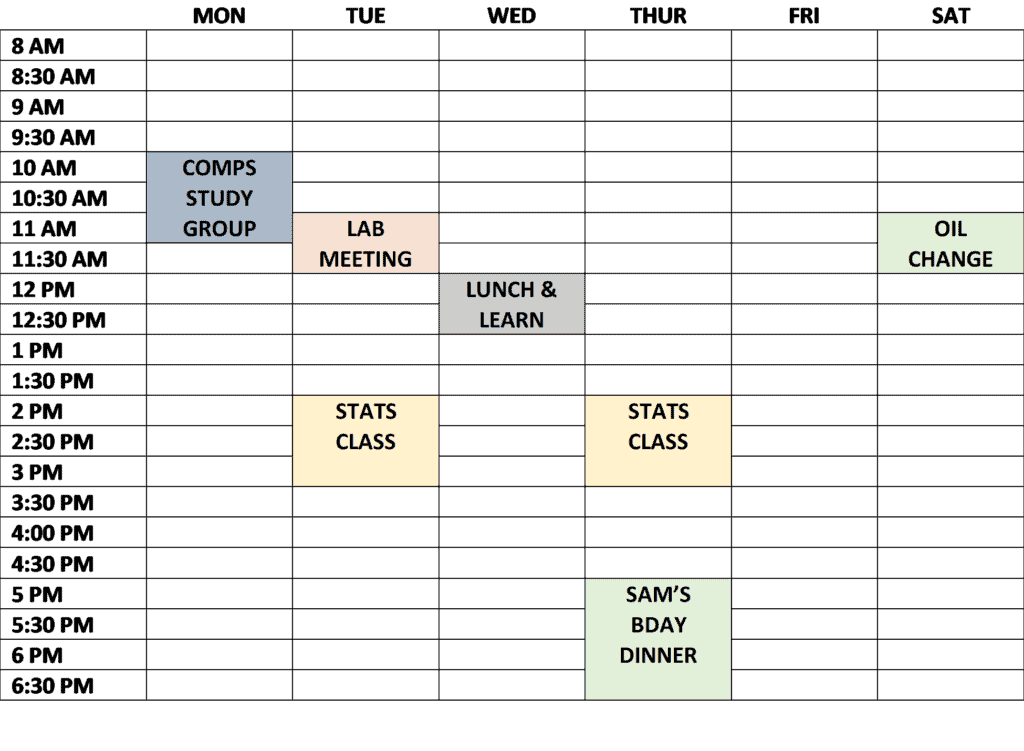 Image shows a calendar for Monday through Saturday with classes, meetings, and personal events marked. For this example the relevant events are a lab meeting on Tuesday from 11 to 12 and a statistics class on Tuesday from 2 to 3:30 pm.