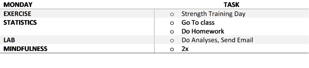 Image shows a top-level to-do list of exercise (strength training day), statistics (go to class, do homework), lab (do analyses, send email), and mindfulness (2x).