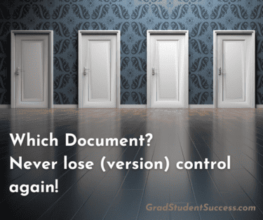 Document Version Control Header. Four similar doors are pictured in a row. The words: Which document? Never lose (version) control again! are printed at the bottom.