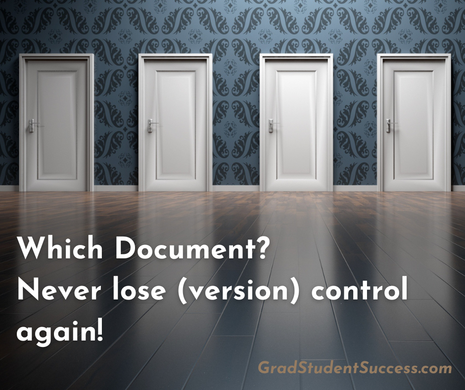 4 doors in a row, all of which look similar symbolizing document version control. With the words: Which document? Never lose (version) control again! printed at the bottom.