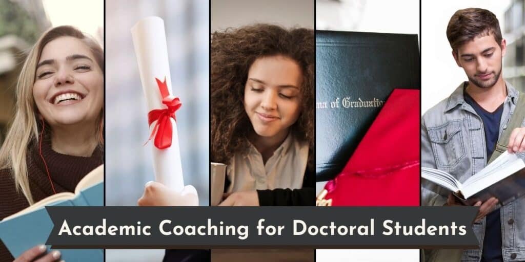 Image shows three happy students working. The text overlay says "academic coaching help for doctoral students".