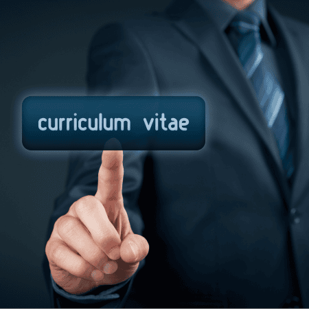 Feature Image for Curriculum Vitae review services, shows a closeup of a business person pointing at a button that reads 'Curriculum Vitae'