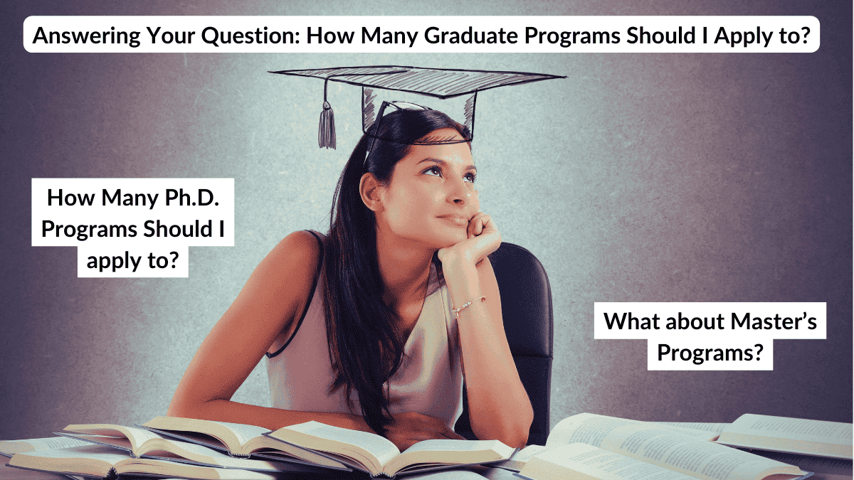 Image of aspiring graduate student thinking, with books spread out on the table in front of them. Text reads: "Answering your questions: How Many Graduate Programs Should I Apply to." as well as "how many Ph.D. programs should I apply to?" and "how about master's programs."