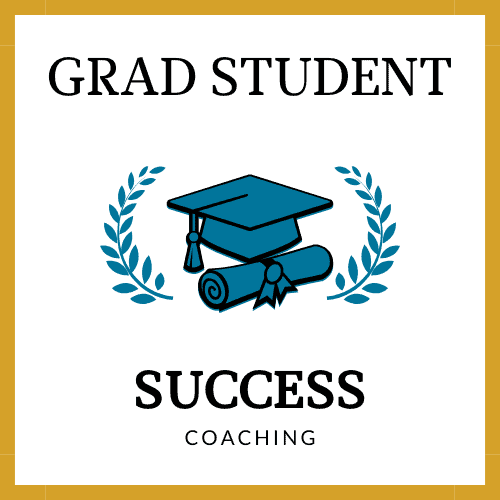 Image has text that reads: Grad Student Success Coaching and has an image of a graduation cap, diploma, and Greek laurel leaves, symbolizing the help we provide graduate students earning their degrees.